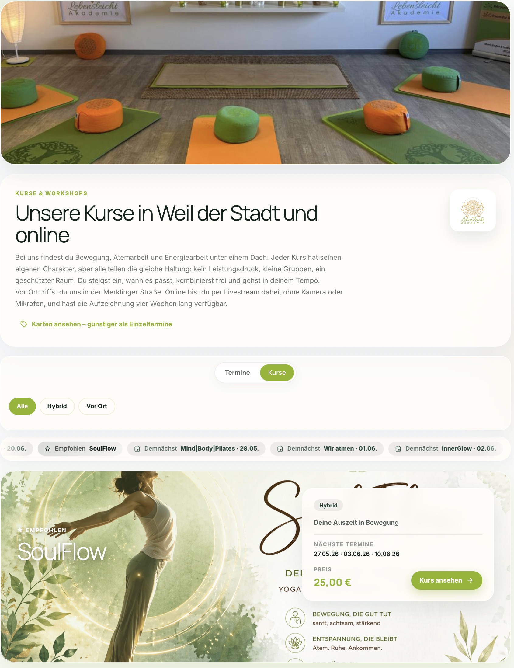 Lebensleicht Akademie · Kurs- und Karten-Übersicht in Casepoint