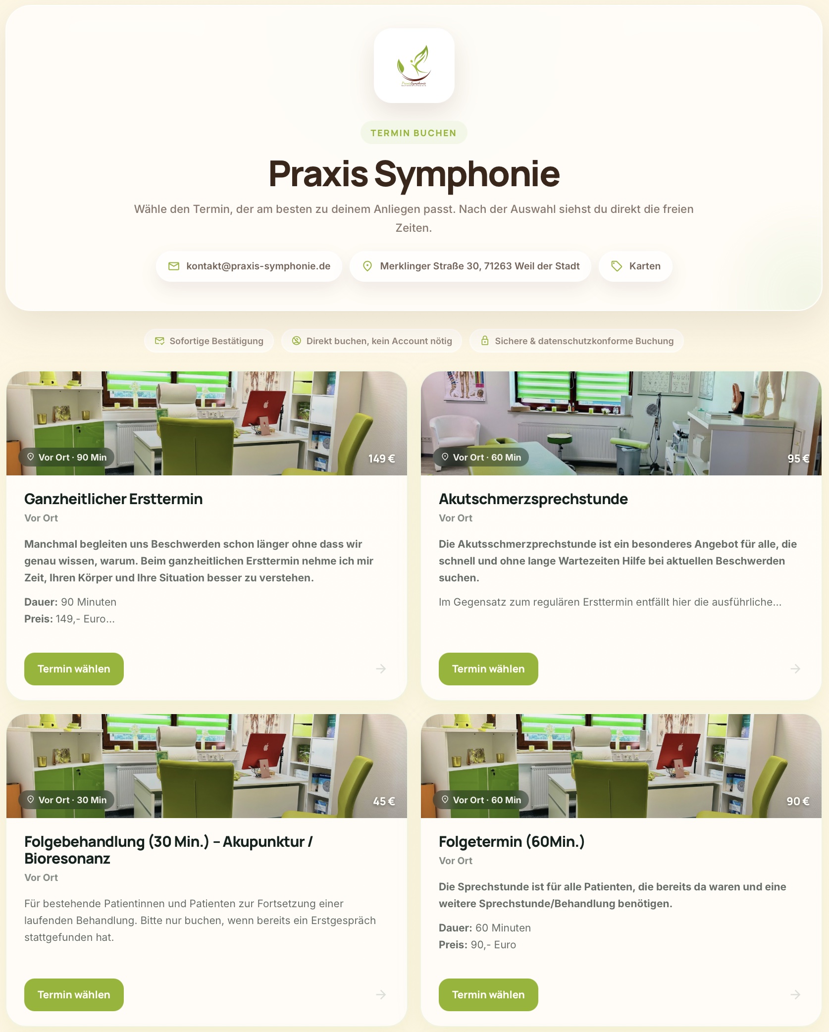 Praxis Symphonie · Termintypen-Auswahl in Casepoint