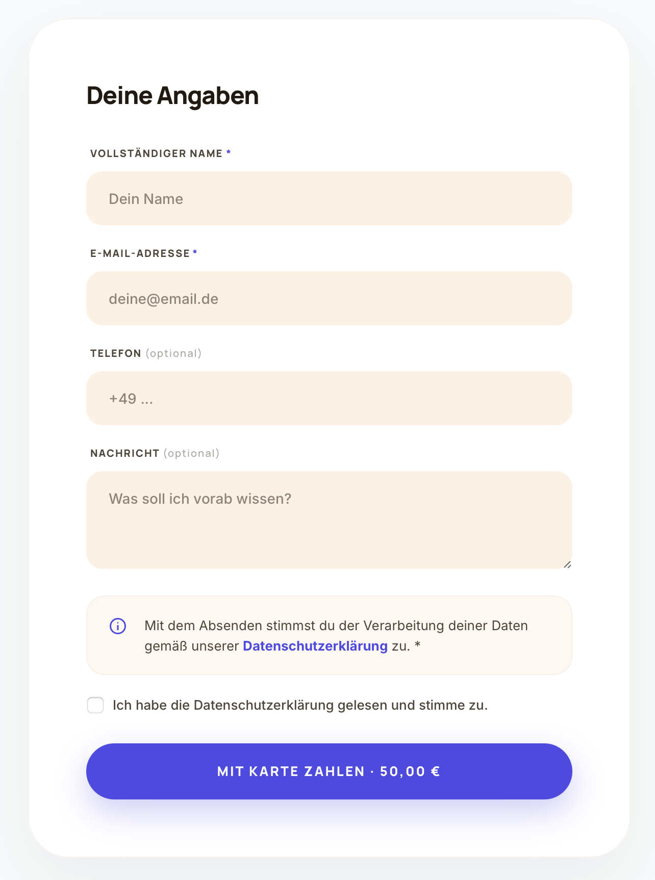 Casepoint Formular für Angaben des Klienten vor der Buchung