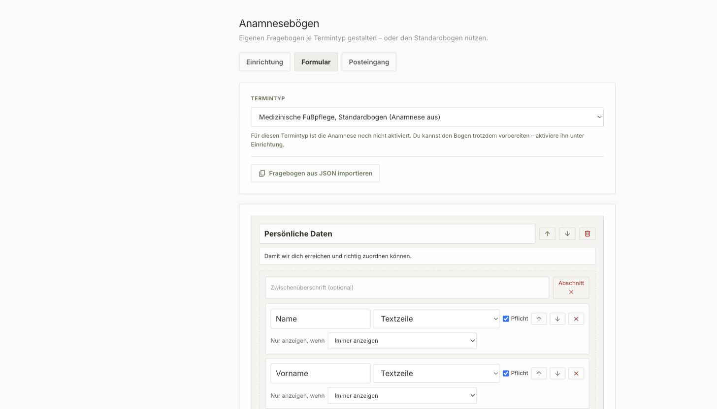 Fragebogen-Editor in Casepoint mit Feldern, Feldtypen, Pflichtangaben und Bedingungslogik