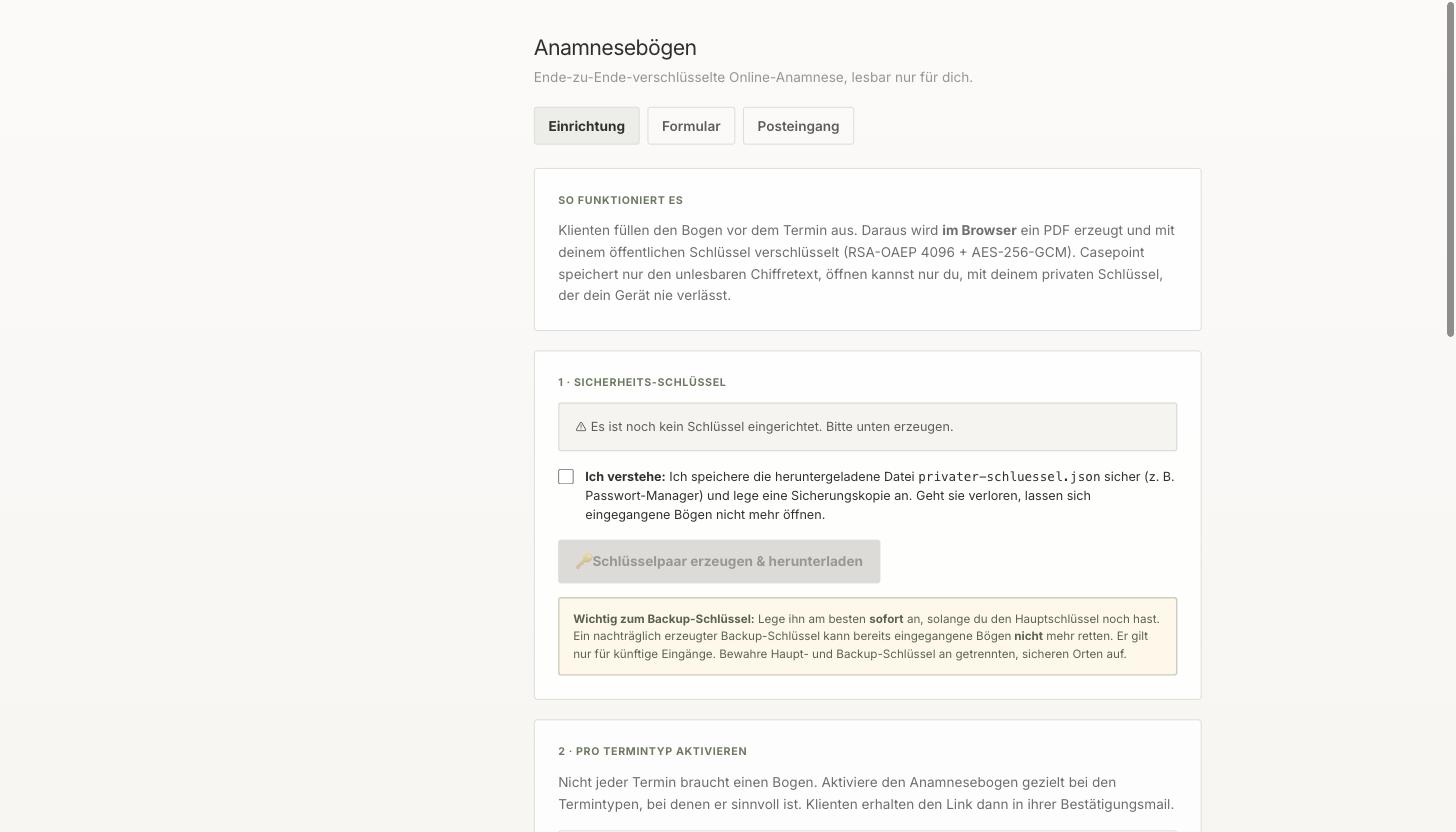 Anamnese-Posteingang in Casepoint mit dem Hinweis, dass die private Schlüsseldatei nicht hochgeladen wird und das Entschlüsseln im Browser läuft