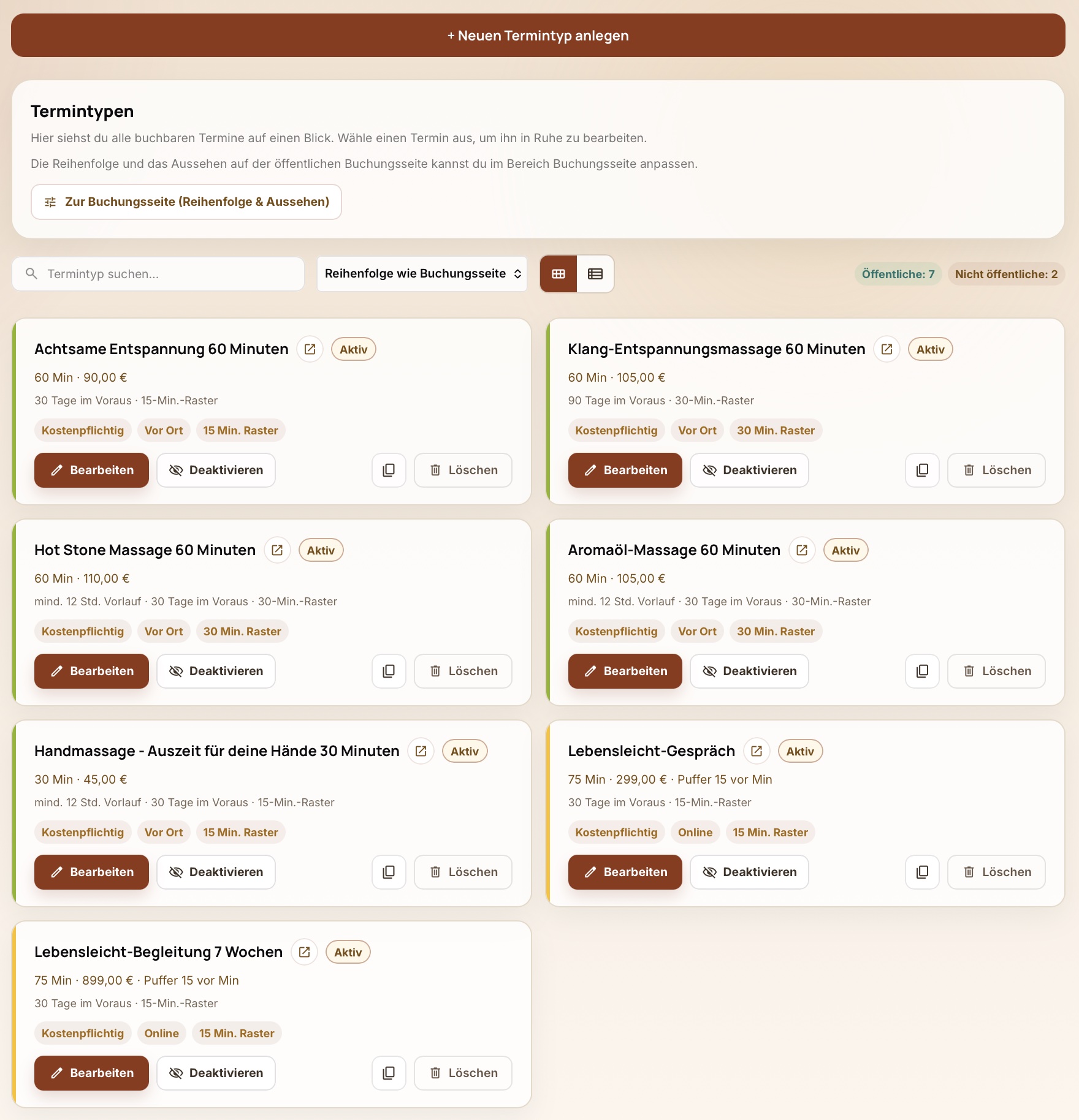 Übersicht der Termintypen im Casepoint Adminbereich