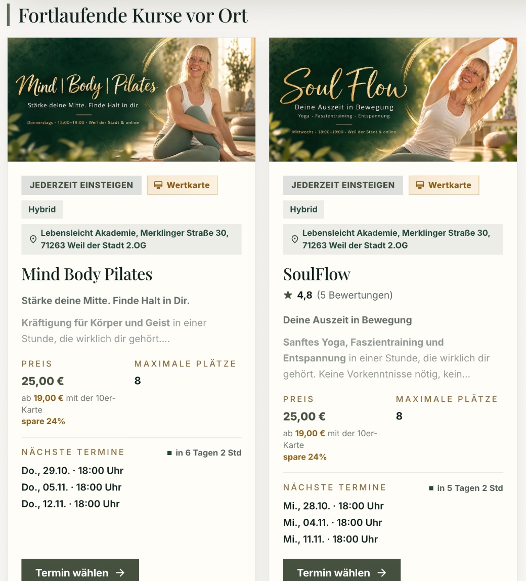 Kursübersicht der Lebensleicht Akademie in casepoint.de: Mind Body Pilates und SoulFlow mit Preis, 10er-Karte, freien Plätzen und den nächsten Terminen
