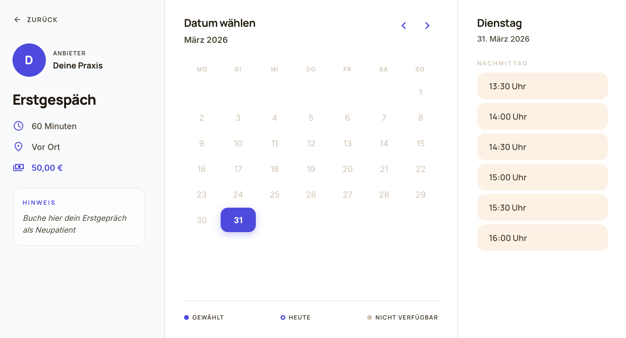 Casepoint Buchungsansicht mit Datumsauswahl und verfügbaren Uhrzeiten