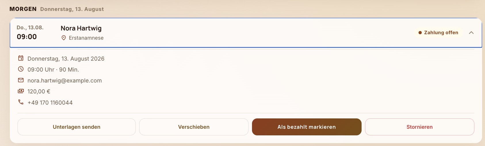 Termin im Adminbereich mit den Schaltflächen Unterlagen senden, Verschieben, Als bezahlt markieren und Stornieren